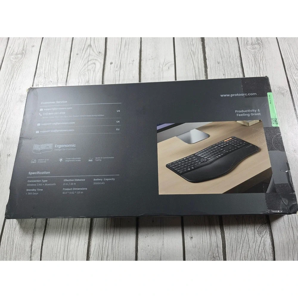 ProtoArc EK01 Plus Dual Mode Ergonomic Keyboard Wireless Bluetooth Backlit Black
